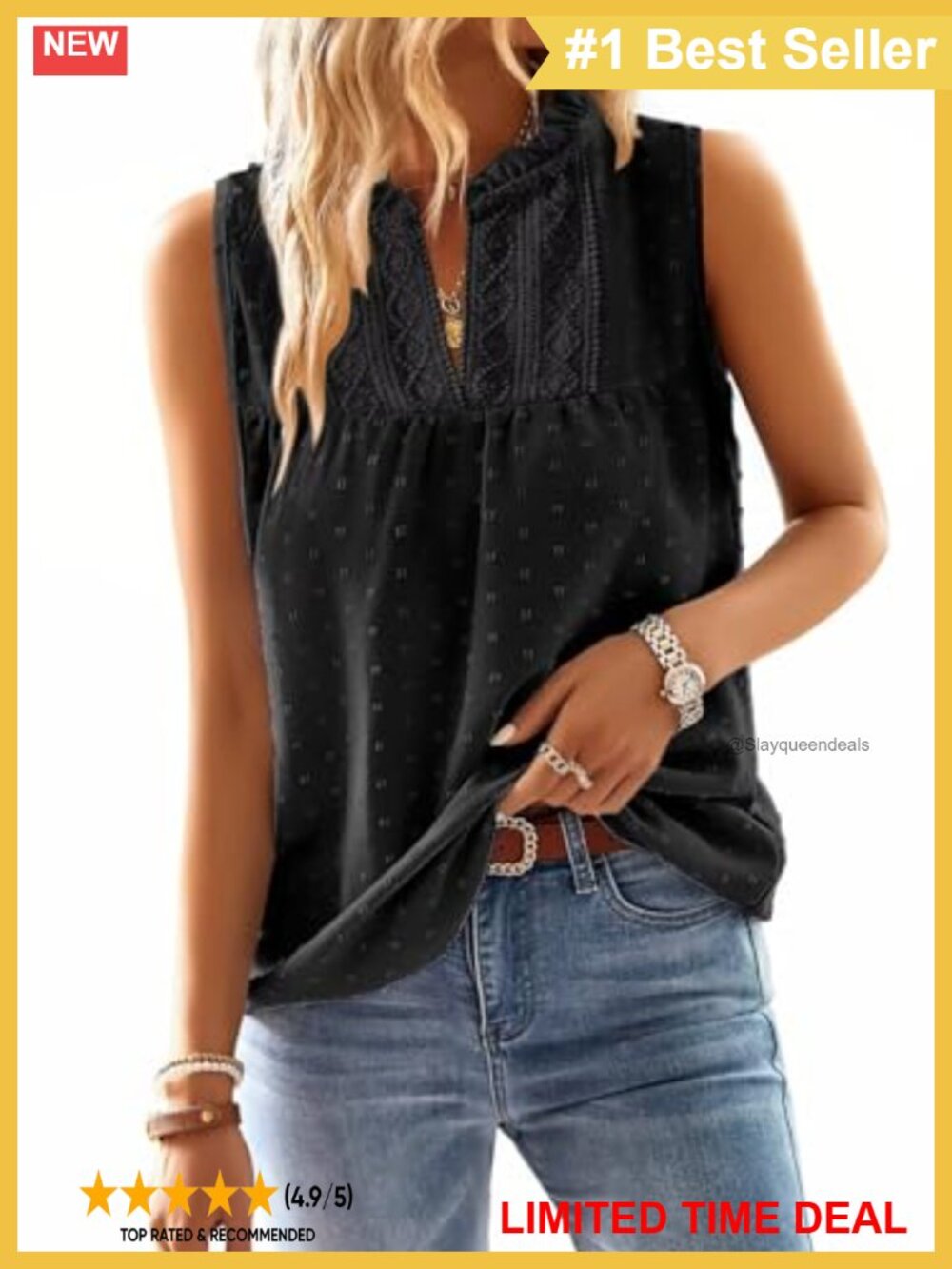 Womens Summer Tank Top V-Neck Swiss Dot Crochet Lace Sleeveless Casual